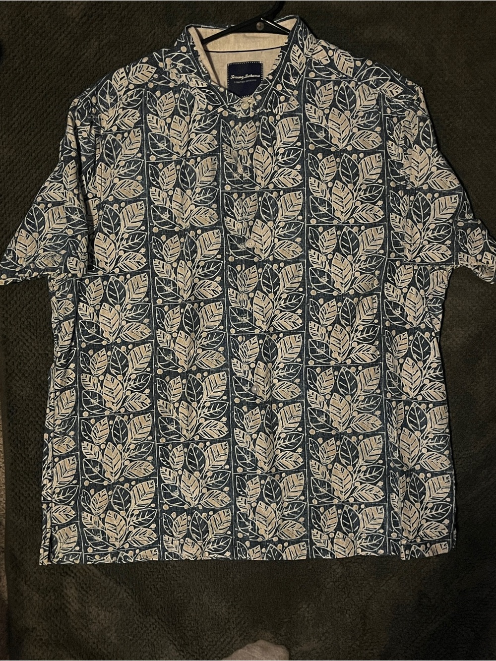 Tommy Bahama Blue and Cream Leaf Print Casual Button-Down Shirt